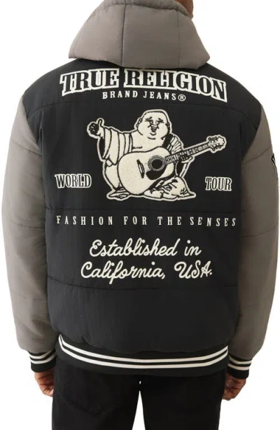 True Religion Varsity Hooded Puffer Jacket In Black