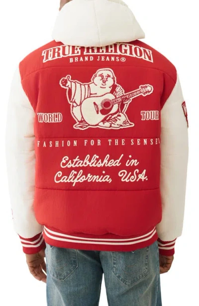 True Religion Varsity Hooded Puffer Jacket In Red