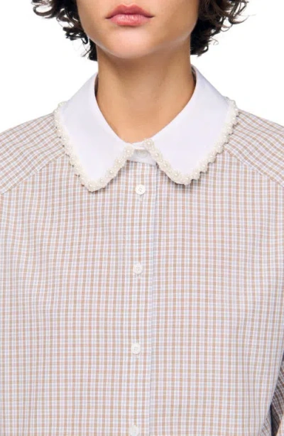 Sandro Plaid And Pearl Collar Shirt In White