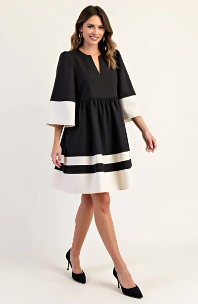 Modenaire Fit-and-flare Contrast Trim V-neck Cuffed Sleeve Mini Dress In Black