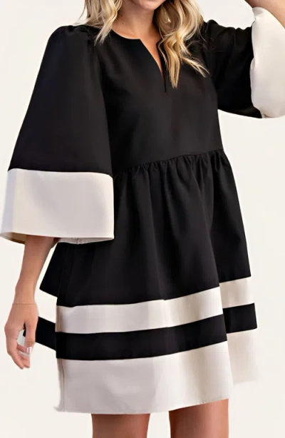 Modenaire Fit-and-flare Contrast Trim V-neck Cuffed Sleeve Mini Dress In Black