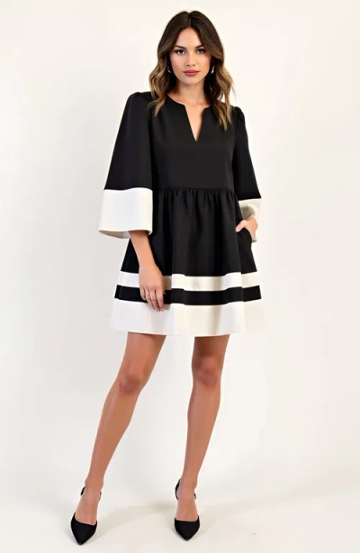 Modenaire Fit-and-flare Contrast Trim V-neck Cuffed Sleeve Mini Dress In Black