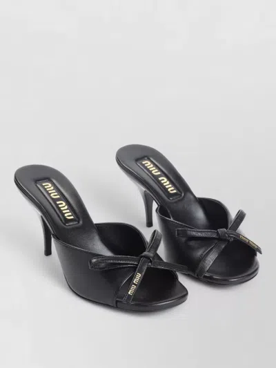 Miu Miu Lamb Leather Slippers Bow Open Toe Stiletto In Black