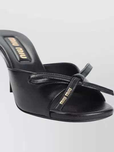 Miu Miu Lamb Leather Slippers Bow Open Toe Stiletto In Black