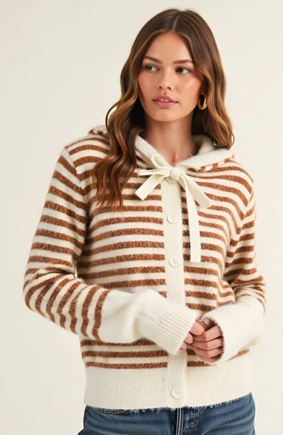 Modenaire Striped Button-up Cardigan Hoodie With Ribbon Tie And Ribbed Hem In Brown