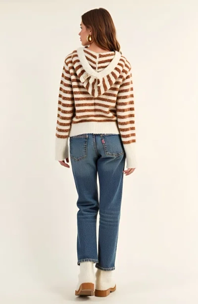Modenaire Striped Button-up Cardigan Hoodie With Ribbon Tie And Ribbed Hem In Brown