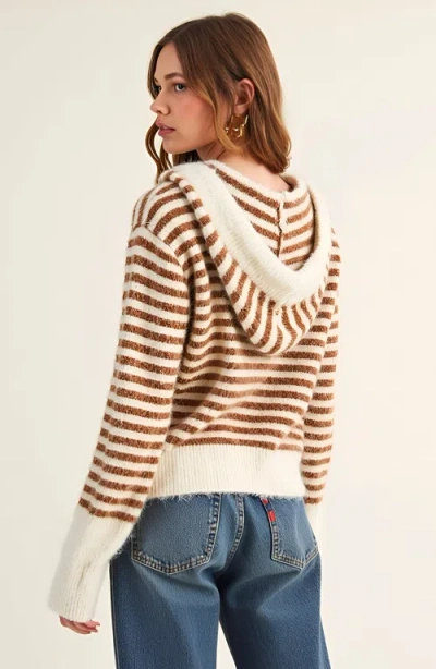 Modenaire Striped Button-up Cardigan Hoodie With Ribbon Tie And Ribbed Hem In Brown
