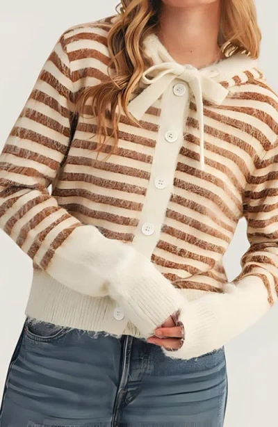 Modenaire Striped Button-up Cardigan Hoodie With Ribbon Tie And Ribbed Hem In Brown