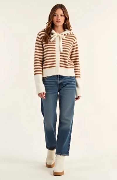 Modenaire Striped Button-up Cardigan Hoodie With Ribbon Tie And Ribbed Hem In Brown