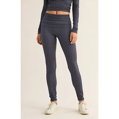 Modenaire Polka Dot Print High Waist Full-length Leggings With Wide Waistband In Blue