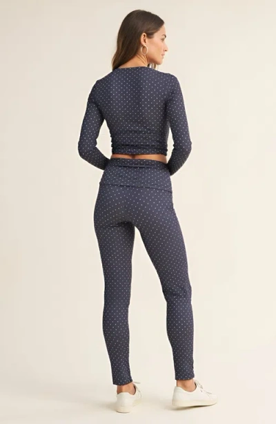 Modenaire Polka Dot Print High Waist Full-length Leggings With Wide Waistband In Blue