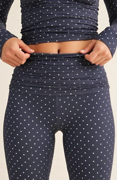 Modenaire Polka Dot Print High Waist Full-length Leggings With Wide Waistband In Blue