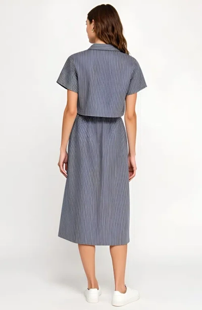Modenaire Striped Cropped Button-up Shirt And Midi Skirt Set With Short Sleeves In Blue