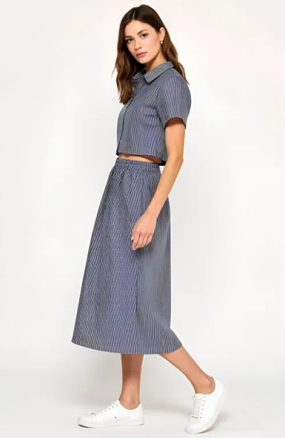 Modenaire Striped Cropped Button-up Shirt And Midi Skirt Set With Short Sleeves In Blue