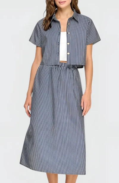 Modenaire Striped Cropped Button-up Shirt And Midi Skirt Set With Short Sleeves In Blue