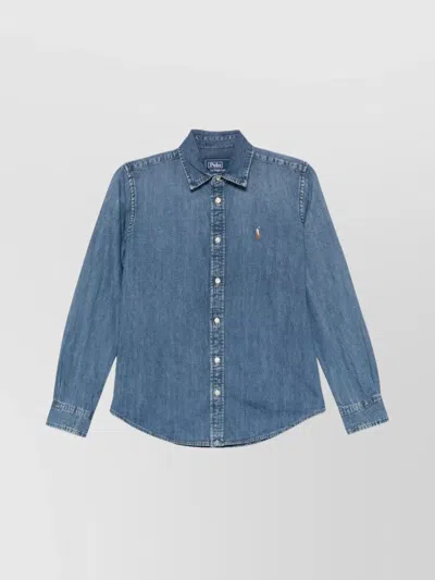 Ralph Lauren Cotton Shirt With Long Sleeves And Curved Hem In Blue
