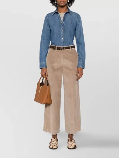 Ralph Lauren Cotton Shirt With Long Sleeves And Curved Hem In Blue