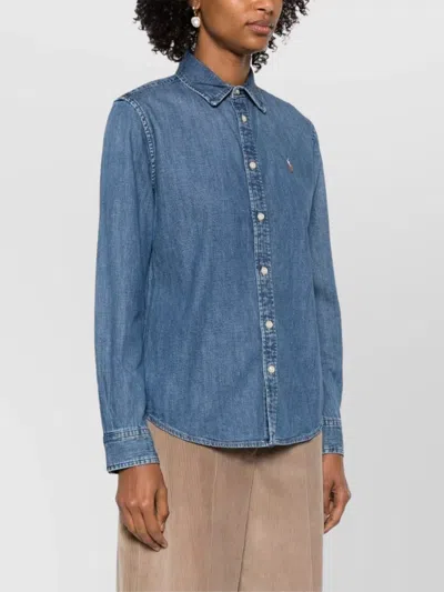 Ralph Lauren Cotton Shirt With Long Sleeves And Curved Hem In Blue