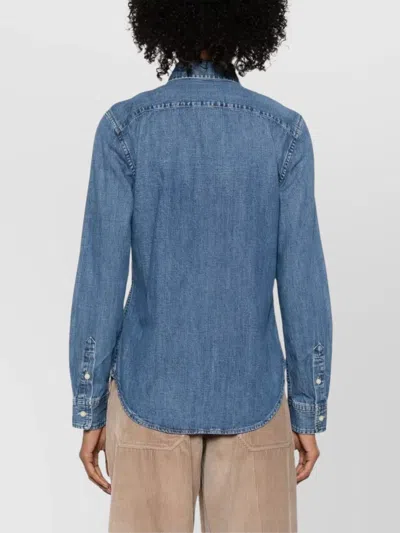Ralph Lauren Cotton Shirt With Long Sleeves And Curved Hem In Blue