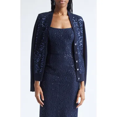 Michael Kors Collection Sequin Embellished Floral Lace & Cashmere Cardigan In Blue