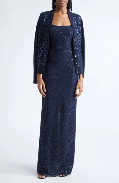Michael Kors Collection Sequin Embellished Floral Lace & Cashmere Cardigan In Blue