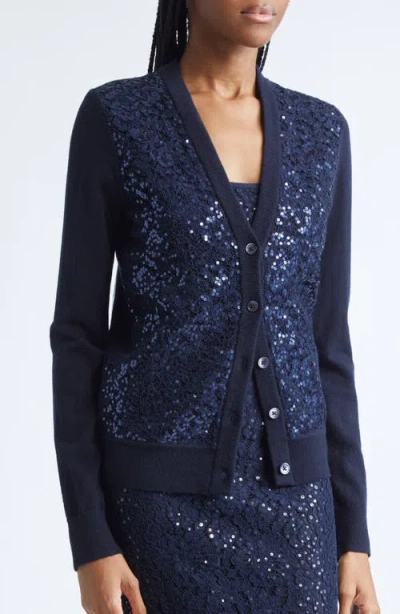 Michael Kors Collection Sequin Embellished Floral Lace & Cashmere Cardigan In Blue