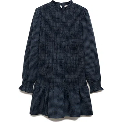 Mango Teen Smocked Plaid Long Sleeve Dress In Blue