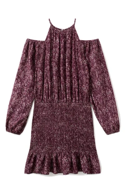 Mango Teen Metallic Cold Shoulder Long Sleeve Dress In Burgundy