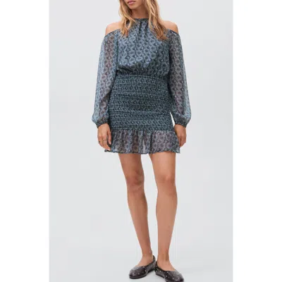 Mango Teen Cold Shoulder Long Sleeve Smocked Dress In Blue