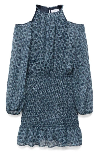 Mango Teen Cold Shoulder Long Sleeve Smocked Dress In Blue