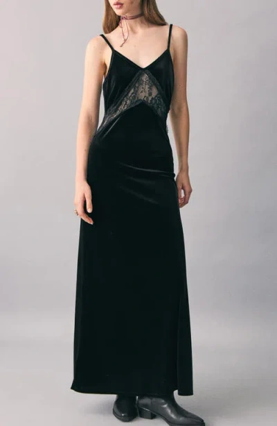 Mango Teen Lace Trim Velvet Maxi Dress In Black