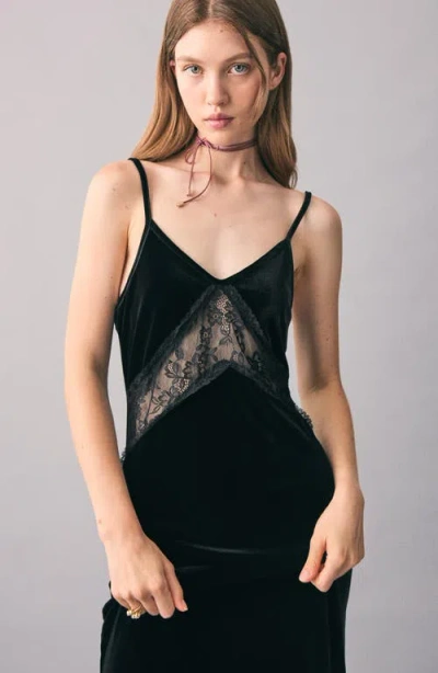 Mango Teen Lace Trim Velvet Maxi Dress In Black