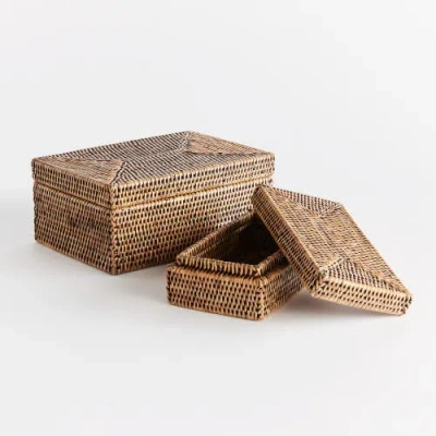 Napa Home & Garden Burma Rattan Rectangular Lidded Boxes Set Of 2 In Brown