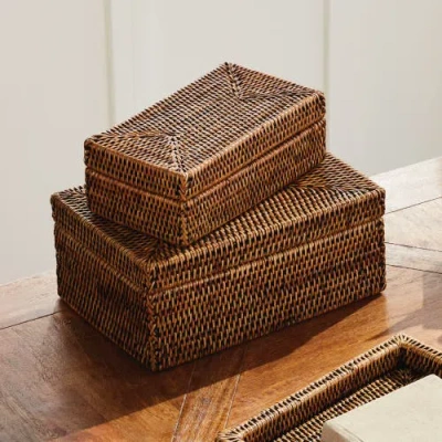 Napa Home & Garden Burma Rattan Rectangular Lidded Boxes Set Of 2 In Brown