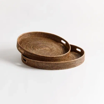 Napa Home & Garden Burma Rattan Round Ottoman Decorative Trays Large Set Of 2 In Brown