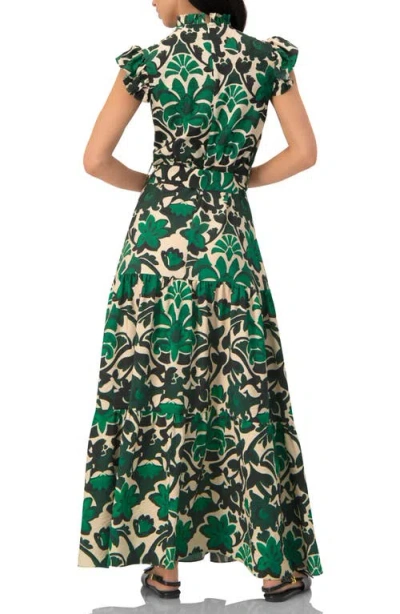 Ivonne Printed Ruffle-sleeve Maxi Dress With Tie Waist In Green