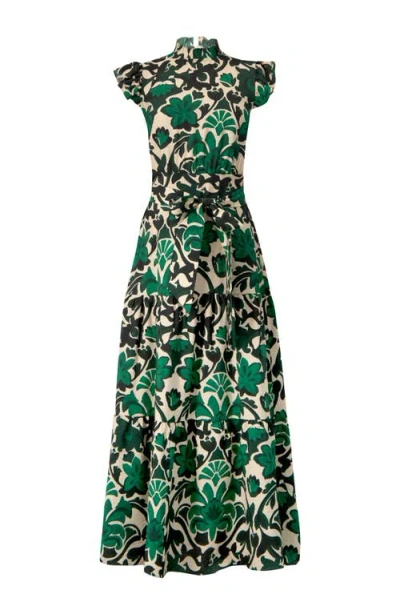 Ivonne Printed Ruffle-sleeve Maxi Dress With Tie Waist In Green