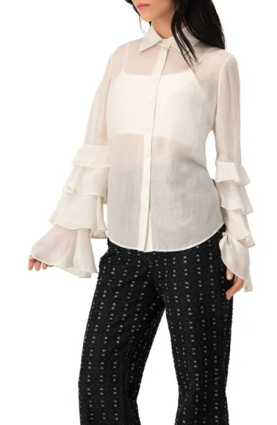 Ivonne Sheer Shirt With Tiered Ruffle Sleeves In White