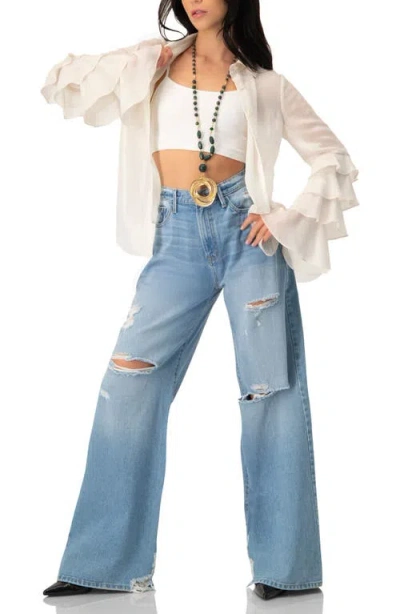 Ivonne Sheer Shirt With Tiered Ruffle Sleeves In White