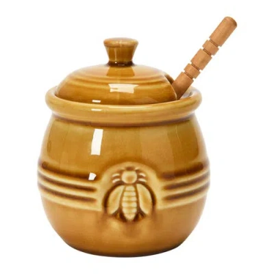 Storied Home Farmhouse Embossed Stoneware Honey Pot With Wood Honey Dipper, Amber Orange In Brown