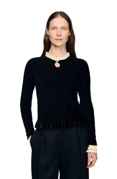 Sandro Smocked Long-sleeved Shirt In Black