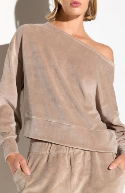 Spiritual Gangster Ava Off The Shoulder Velour Sweatshirt In Neutral
