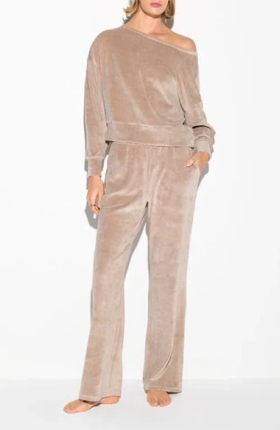 Spiritual Gangster Ava Off The Shoulder Velour Sweatshirt In Neutral