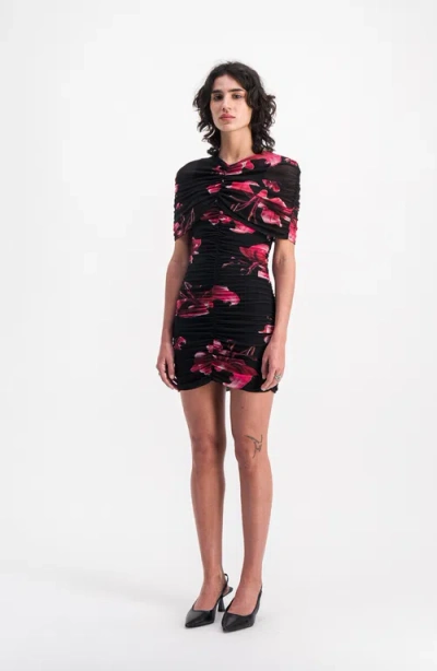 Saemdi Draped Floral Mini Mesh Dress In Multi
