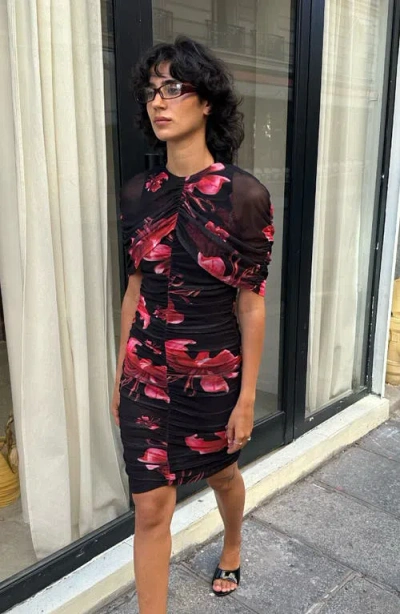 Saemdi Draped Floral Mini Mesh Dress In Multi