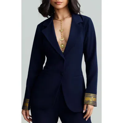 Holichic Mila Metallic Contrast Cuff Blazer In Blue