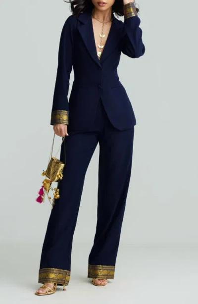 Holichic Mila Metallic Contrast Cuff Blazer In Blue