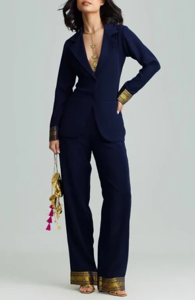 Holichic Mila Metallic Contrast Cuff Blazer In Blue