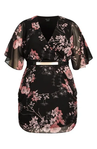 City Chic Bold Blossom Belted Floral Dress In Black