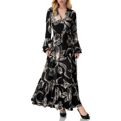 Ivonne Long Black Dress With White Floral Print In Black